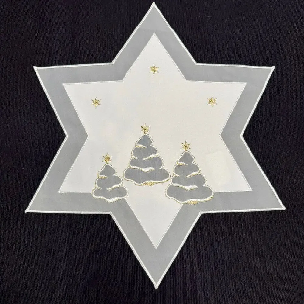 Set 2 German Embroidered Christmas Table Mats 15” Star Shaped Trees Gold Thread